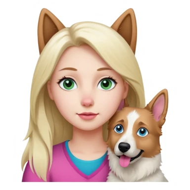 White European young woman with blue-green eyes and long blond hair with her white German Shepherd dog,the Dog has a pink nose and short fur  and Brown eyes sticker