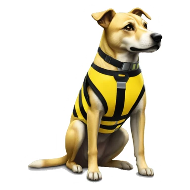 Yellow and black striped caution dog covered in caution tape and holographic harness graffiti sticker