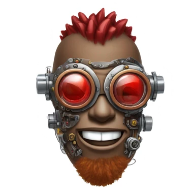 Brown cyborg head with red Mohawk, red beard, silver steampunk monocle goggles a smile and circuits sticker