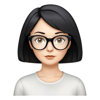 white woman about 50 years old with light warm skin, short black bob haircut to neck with slight waves at ends, neutral determined expression, large black shiny butterfly or cat-eye glasses, white casual t-shirt, calm and creative energy sticker