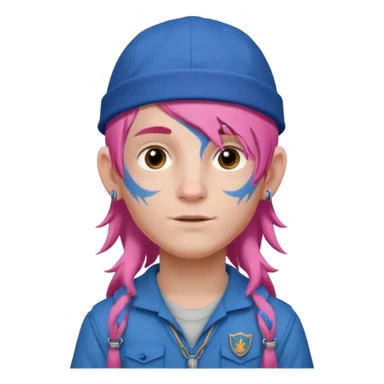 scout boy long hair face tatooes pink haired, wearing blue cap sticker