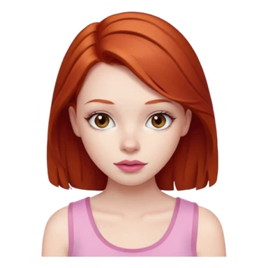 Redhead girl with deep brown eyes, pale skin with light red lips wearing a pink strap shirt sticker