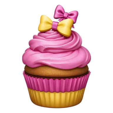 hyper realistic emoji of a bitten cupcake with pink frosting and a small gift bow on top, bitten part showing a tiny present inside, clean colorful emoji-style design sticker