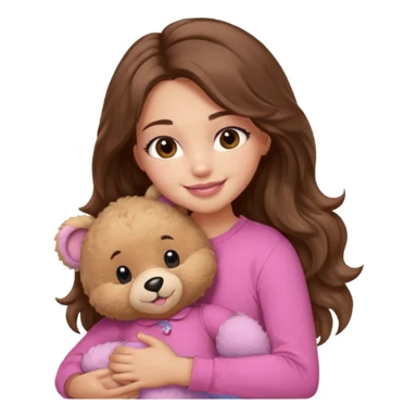 girl with long wavy brown hair, brown eyes, light to medium complexion, in a pink shirt, pink lips, long lashes, smiling, hugging a teddybear sticker