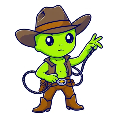 Green alien cowboy with cowboy hat and lasso sticker