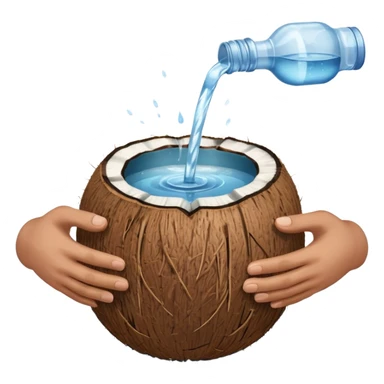 An uncut coconut with water being poured over it with hands cupping water sticker
