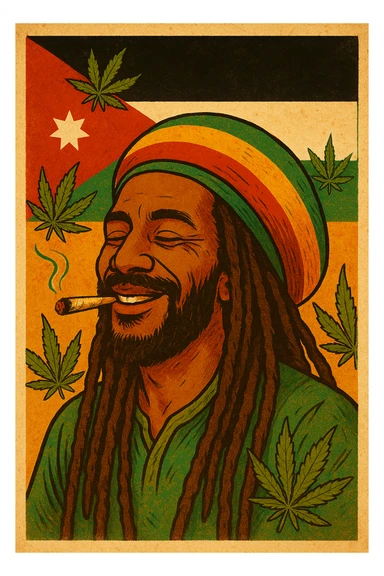 A digital vintage-style poster illustration of a Jordanian Rasta man with dreadlocks, wearing a red, yellow, green striped tam hat. He is smiling peacefully with a lit herbal spliff in his mouth. The background features the official Jordan flag — black, white, green horizontal stripes with a red triangle and a white 7-point star — accurately displayed behind him. Cannabis leaves are tastefully arranged around the composition, and the poster includes Rasta color textures blended with the Jordanian palette. Use a retro poster style with warm, slightly aged textures, bold outlines, and soft shading to evoke a soulful reggae vibe that honors both Jordanian pride and Rasta spirit. The mood is chill, powerful, and respectful sticker