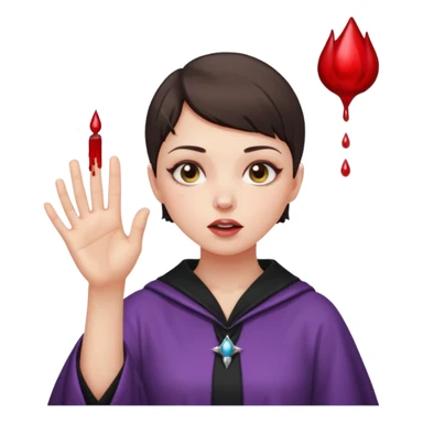 A buzz cut brunette girl with nose bleed and her hand reaching out as if she is putting a spell  sticker
