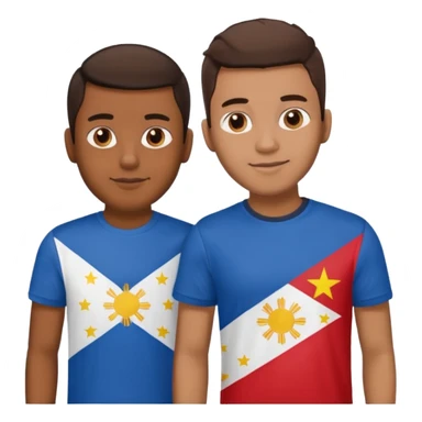 2 male Best buds , one in showing Philipines flag tshirt, one is showing Spain flag sticker