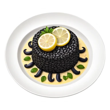 cinematic-realistic-black-risotto-dish,-showcasing-small squid pieces-rendered-with-bold-textures-and-dynamic,-dramatic-lighting in a white plate with a grilled lemon on top sticker