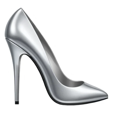 A pair of high heel shoes emoji made of polished silver chrome, elegant sharp silhouette, smooth metallic surface, glossy reflections, luxury sexy vibe, minimalistic iOS emoji style, centered, clean white background sticker