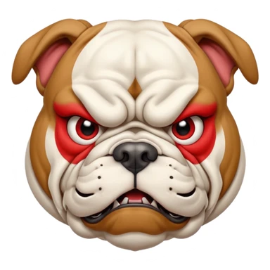 Create a fierce bulldog head emoji facing forward.
Strong jaw, deep wrinkles, and an intense scowl.
Small folded ears, sharp focused eyes, slight underbite with two visible fangs.
Style: modern esport mascot — clean lines, high contrast, intimidating but iconic.
Transparent background. sticker