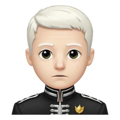 Head and shoulders emoji of a pale man with short white hair, wearing a black marching band jacket with silver trim. black eyeliner. Expression stoic, commanding, and theatrical, heroic emo style sticker