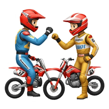 2 dirtbike racers in gear and gloves fist bumping sticker