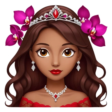 enchantress with brown eyes and tanned skin and long chocolate brown hair wearing a embellished scarlet red and white lace gown with orchid tiara sticker
