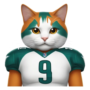 A cat he is white and orange, orange in the top of his head and ears and a orange mustache. Can you make him wear a Philadelphia eagles jersey  sticker