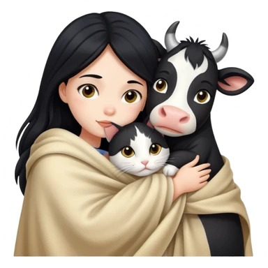 A girl with fair skin and long black hair wrapped in a blanket hugging a cow cat sticker