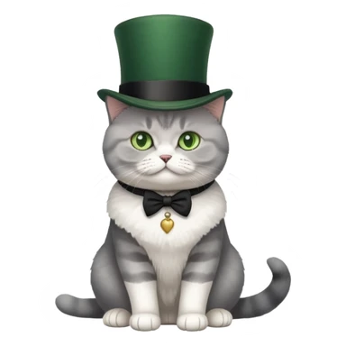 British Shorthair cat full body sitting with a top hat and green eyes sticker
