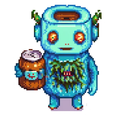 cartoon character strung out on Monster energy drink, wild eyes, jittery, holding a Monster can, pixel art style sticker