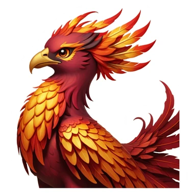 Cinematic Noble Battle-Hardened Mystical Fire Phoenix Portrait Emoji, with scorched, battle-scarred plumage in deep crimson, burnt gold, and smoldering ember hues. Its piercing eyes, hardened by countless conflicts, blaze with unyielding resolve and ancient wisdom. The elongated tail feathers bear vivid marks of fiery combat, rendered with lifelike texture and dynamic highlights, high shine, exuding an aura of mythic martial valor, focused and commanding, with a soft glowing outline that captures a phoenix forged in the fires of war. sticker