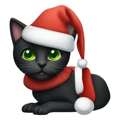 A black cat with green eyes wearing a Santa Claus hat sticker