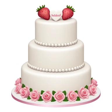 white wedding cake with strawberries, pink roses, Just Married topper sticker