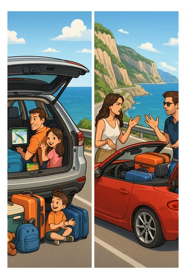 "Spacious family SUV loaded with luggage, snacks, entertainment for kids, GPS showing clear 300km route planned with rest stops, happy family ready for road trip; contrasted with impractical two-seater convertible with no storage space, couple arguing about what to leave behind, suitcases barely fitting, comfort vs style dilemma, Italian coastal highway background" sticker