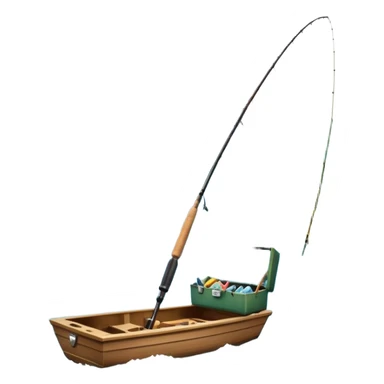 Icon for Fishing Travel: a boat on a calm lake surrounded by mountains and lush greenery, with fish jumping out of the water, a fishing rod, tackle box. The icon should capture the peaceful and adventurous nature of fishing trips. Transparent background. sticker