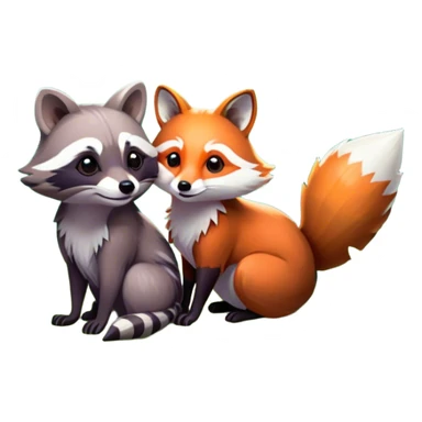 Collage of a raccoon and a fox, in close-up, surrounded by a colorful forest with rich green trees, thick bushes, and vibrant foliage. Sunlight peeks through the branches, casting warm light on the animals. A lively, natural setting with a transparent background. sticker