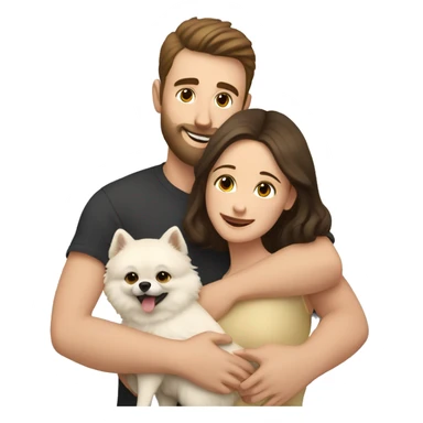 Young white man with short dark brown hair with a small beard hugging his white wife with dark brown hair and both of them hugging a beige and white Pomeranian  sticker