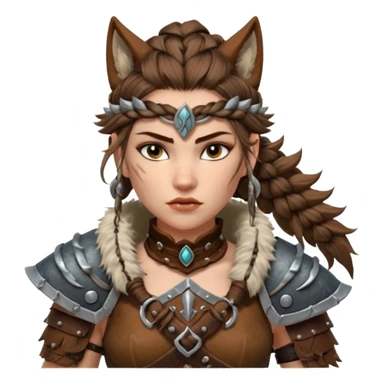 barbarian woman wolf rider portrait, head and shoulders only, fierce female warrior, fur-lined barbarian armor collar, wolf fur details, wild braided hair, intense eyes, tribal warrior vibe, fantasy style, 3D cartoon, mobile game icon style, clean background, no text, no watermark
 sticker