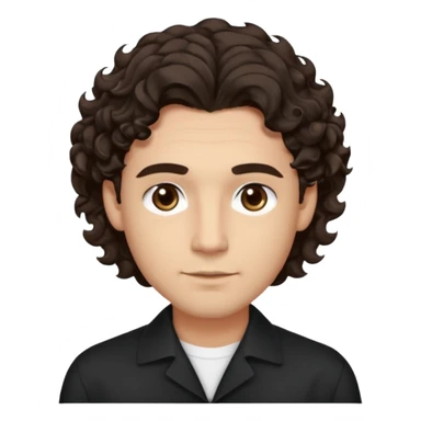 He’s a man with light to medium skin, a defined oval face, full brows, deep-set eyes, and wavy to curly dark brown hair styled with height, sides are low. expression calm and focused relaxed black open-collar shirt.polished, articulate, and professional vibe. sticker