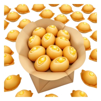 3D rendered mini Hong Kong egg puffs (鸡蛋仔) in paper bag, authentic bubble pattern, vibrant golden color, hyper-realistic texture, glossy finish, detailed individual bubbles, traditional street food presentation sticker