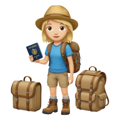 blonder haired Traveler character with passport, backpacker,  sticker