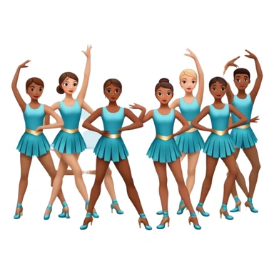 Icon for Choreography: a group of dancers in matching poses, with a choreographer standing by a board giving instructions. The icon should capture the coordination, precision, and creative direction in dance. Transparent background. sticker