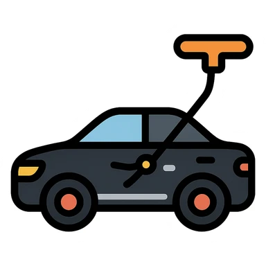 icon of a high-end black car with a subtle rod or hook tool touching a dent, matte black as main color, fine silver lines for contrast, simple style, focus on dent repair sticker