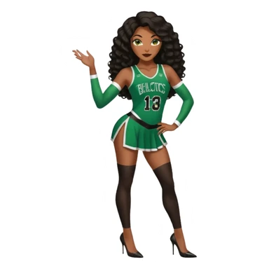 A 45-year-old ebony brown black woman with brown eyes, long body wave black brown baylaige hair dressed in sexy 
celtics jersey costume outfit and stilettos  sticker
