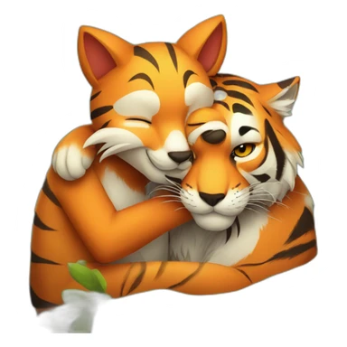 Tiger strongly hugs a fox sticker