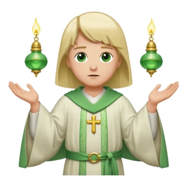 a priest, green eyes, blonde hair, light green wide, flowing, bell-shaped outer robe. opening arms, gazing thoughtfully. Soft light, subtle fern. Waist-up, profile. sticker