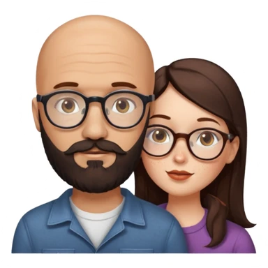 Couple. Bald man with dark brown-black beard. White woman with many small, faded freckles, she has white skin and she has auburn-brown-cinnamon, dark long hair. She has light brown eyes. The man have hazel eyes and the man wear glass. She have light eyes. Retro style. She kisses him. sticker