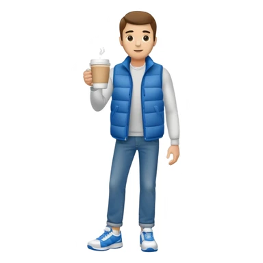 full body man with plain puffy vest with no pockets over long sleeved shirt wearing straight blue jeans and tennis shoes holding coffee mug in his had sticker