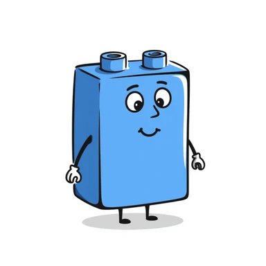 A hand-drawn blue Lego-style brick with a silly expression and tiny arms sticker