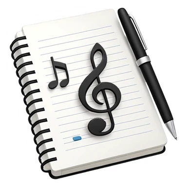 Minimalistic flat vector icon, iOS style, thin black contour on white background. Small notebook with a musical note on the cover, a pen placed next to it. Clean, modern, no text, no shadows. sticker