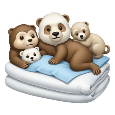 A monkey an otter and a polar bear in a bed sticker