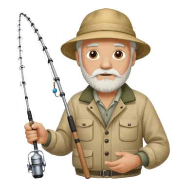 an old white haired, bearded man in fisherman attire, sat in a big boat on the ocean, holding one fishing rod in one hand, with the end of the fishing line touching the water sticker