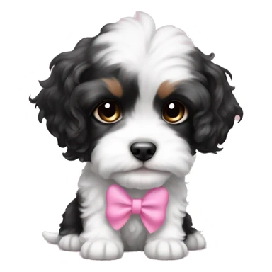 a cute black and white cavachon puppy with a pink bow in her fur sticker