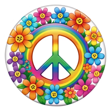 A round psychedelic colored button that says “peace” in the center with rainbow colored hippie style flowers sticker