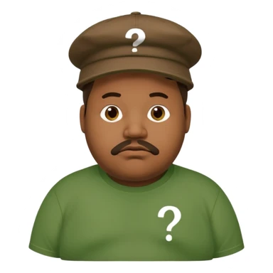 fat man with brown cap and green t shirt printeed a question mark sticker