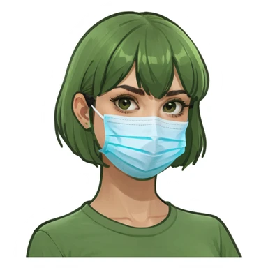 Old girl wearing medical mask with bangs and short hair, hair color brown sticker