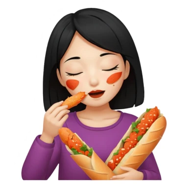 Girl black long hair eat kimchi close eyes baguette sticker